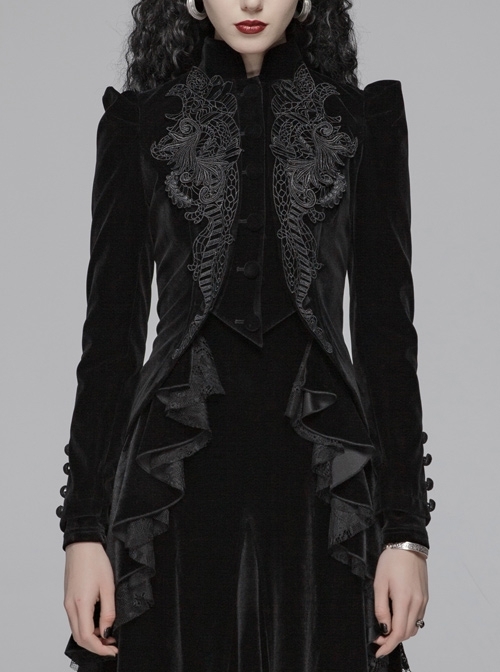 High Collar Front Chest Embroidery Button Long Sleeve Back Waist Lace-Up Black Gothic Weft Velvet Coat