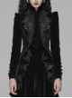 High Collar Front Chest Embroidery Button Long Sleeve Back Waist Lace-Up Black Gothic Weft Velvet Coat