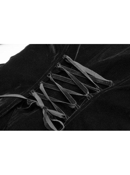 High Collar Front Chest Embroidery Button Long Sleeve Back Waist Lace-Up Black Gothic Weft Velvet Coat