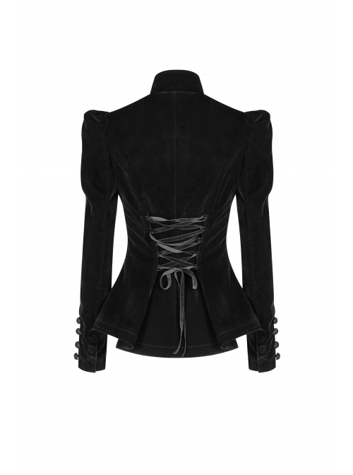 High Collar Front Chest Embroidery Button Long Sleeve Back Waist Lace-Up Black Gothic Weft Velvet Coat