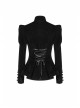 High Collar Front Chest Embroidery Button Long Sleeve Back Waist Lace-Up Black Gothic Weft Velvet Coat