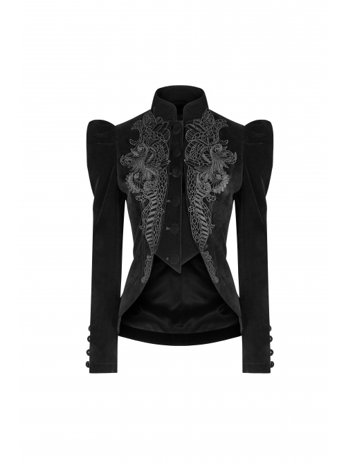 High Collar Front Chest Embroidery Button Long Sleeve Back Waist Lace-Up Black Gothic Weft Velvet Coat