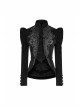 High Collar Front Chest Embroidery Button Long Sleeve Back Waist Lace-Up Black Gothic Weft Velvet Coat