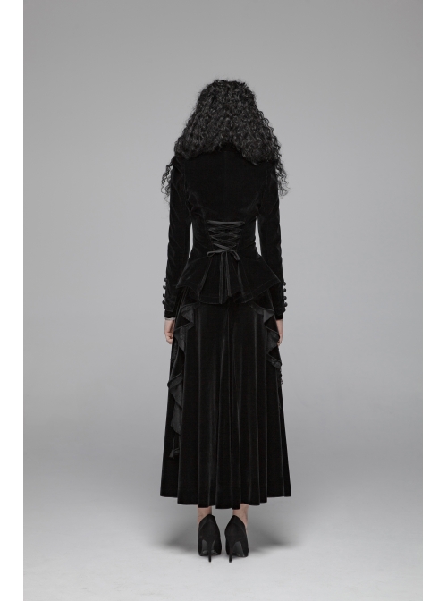 High Collar Front Chest Embroidery Button Long Sleeve Back Waist Lace-Up Black Gothic Weft Velvet Coat