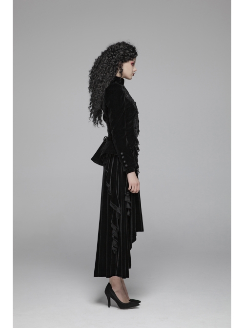 High Collar Front Chest Embroidery Button Long Sleeve Back Waist Lace-Up Black Gothic Weft Velvet Coat