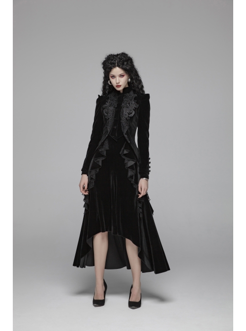 High Collar Front Chest Embroidery Button Long Sleeve Back Waist Lace-Up Black Gothic Weft Velvet Coat