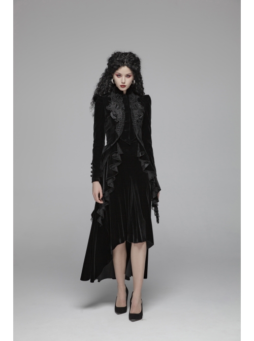 High Collar Front Chest Embroidery Button Long Sleeve Back Waist Lace-Up Black Gothic Weft Velvet Coat