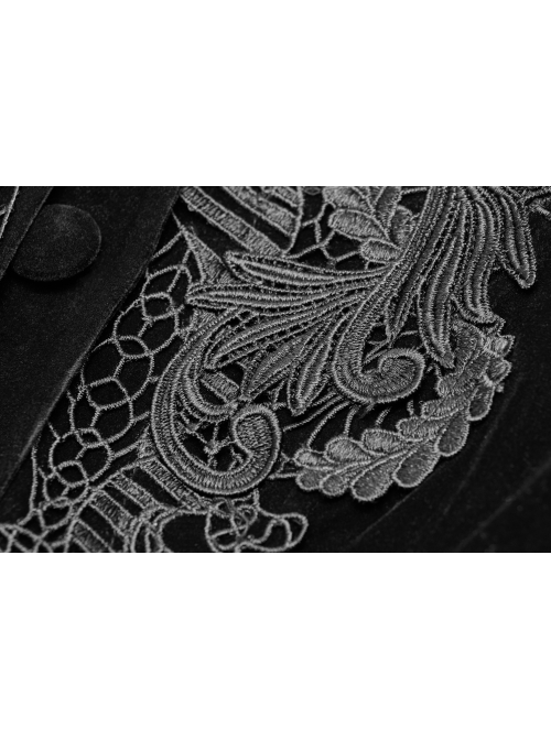 High Collar Front Chest Embroidery Button Long Sleeve Back Waist Lace-Up Black Gothic Weft Velvet Coat