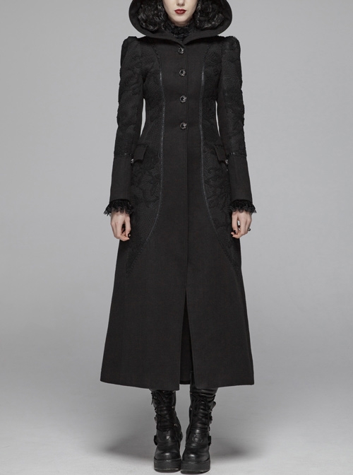 Black Sharp Cap Front Chest Metal Retro Button Long Sleeve Back Waist Lace-Up Gothic Long Woolen Coat