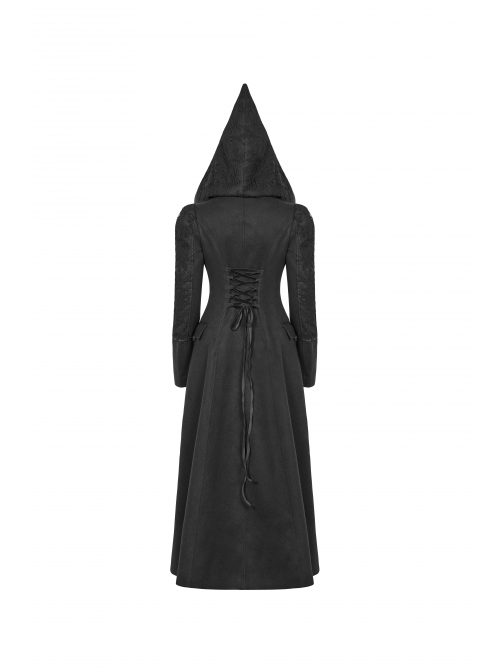 Black Sharp Cap Front Chest Metal Retro Button Long Sleeve Back Waist Lace-Up Gothic Long Woolen Coat