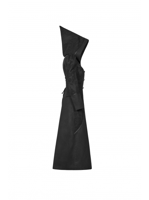 Black Sharp Cap Front Chest Metal Retro Button Long Sleeve Back Waist Lace-Up Gothic Long Woolen Coat