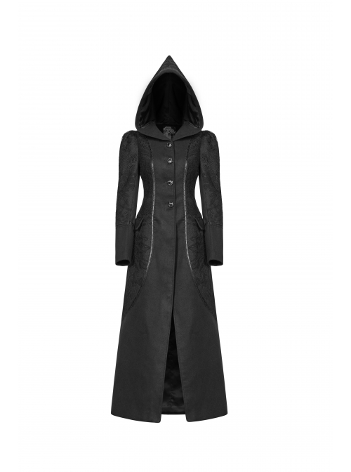 Black Sharp Cap Front Chest Metal Retro Button Long Sleeve Back Waist Lace-Up Gothic Long Woolen Coat