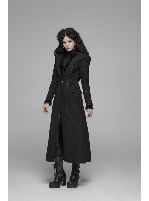 Black Sharp Cap Front Chest Metal Retro Button Long Sleeve Back Waist Lace-Up Gothic Long Woolen Coat