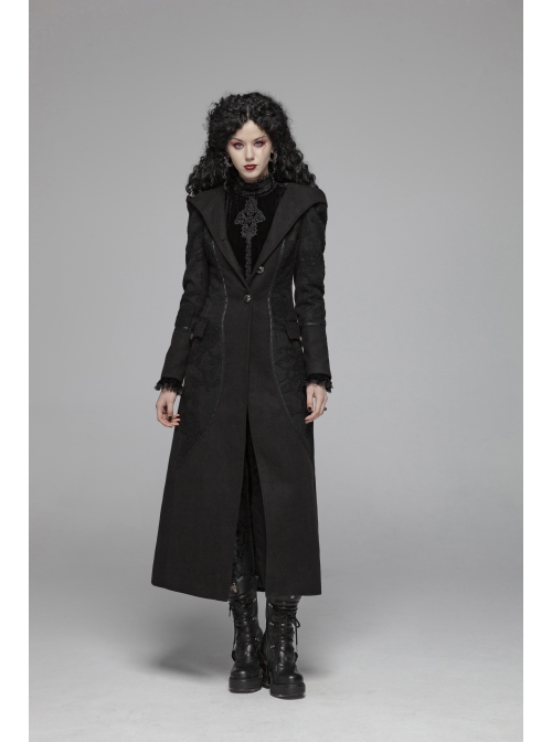 Black Sharp Cap Front Chest Metal Retro Button Long Sleeve Back Waist Lace-Up Gothic Long Woolen Coat