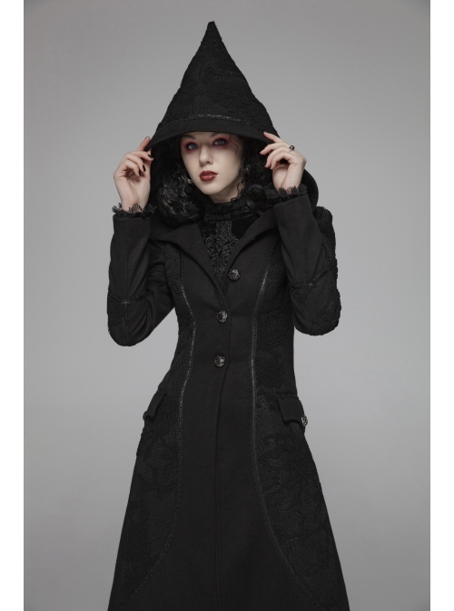 Black Sharp Cap Front Chest Metal Retro Button Long Sleeve Back Waist Lace-Up Gothic Long Woolen Coat