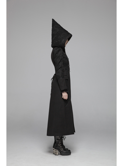 Black Sharp Cap Front Chest Metal Retro Button Long Sleeve Back Waist Lace-Up Gothic Long Woolen Coat