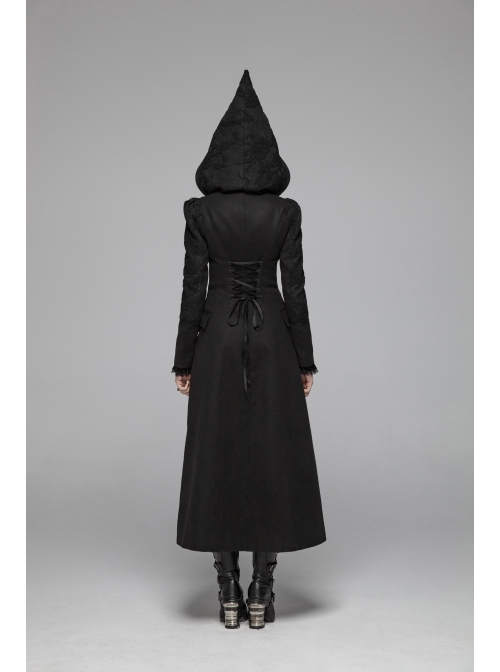 Black Sharp Cap Front Chest Metal Retro Button Long Sleeve Back Waist Lace-Up Gothic Long Woolen Coat