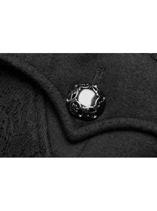Black Sharp Cap Front Chest Metal Retro Button Long Sleeve Back Waist Lace-Up Gothic Long Woolen Coat