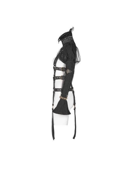 Hasp High Collar Metal Eyelets Leather Strap Bubble Sleeve Flare Cuff Black Punk Mesh Coat