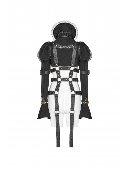 Hasp High Collar Metal Eyelets Leather Strap Bubble Sleeve Flare Cuff Black Punk Mesh Coat