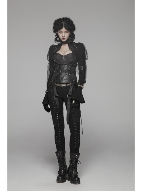 Hasp High Collar Metal Eyelets Leather Strap Bubble Sleeve Flare Cuff Black Punk Mesh Coat
