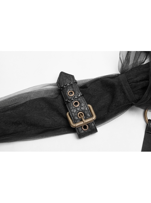 Hasp High Collar Metal Eyelets Leather Strap Bubble Sleeve Flare Cuff Black Punk Mesh Coat