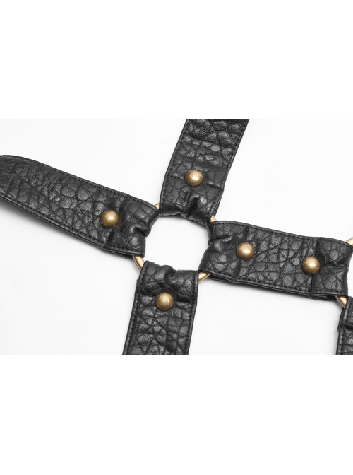 Hasp High Collar Metal Eyelets Leather Strap Bubble Sleeve Flare Cuff Black Punk Mesh Coat