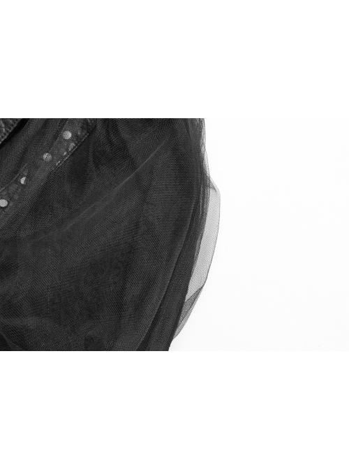 Hasp High Collar Metal Eyelets Leather Strap Bubble Sleeve Flare Cuff Black Punk Mesh Coat
