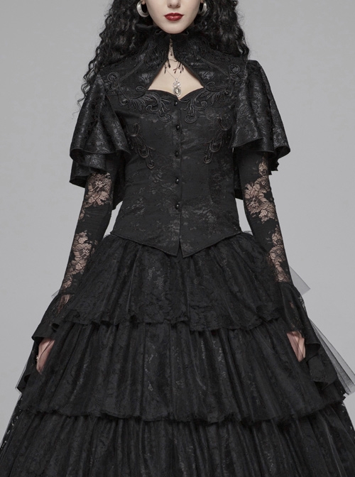 High Collar Front Chest Hollow-Out Applique Long Sleeve Lace Cuff Back Waist Lace-Up Black Jacquard Blouse