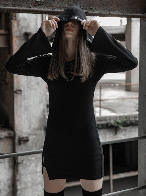 Gothic Dark Female Casual Hooded Elastic Binding Dress