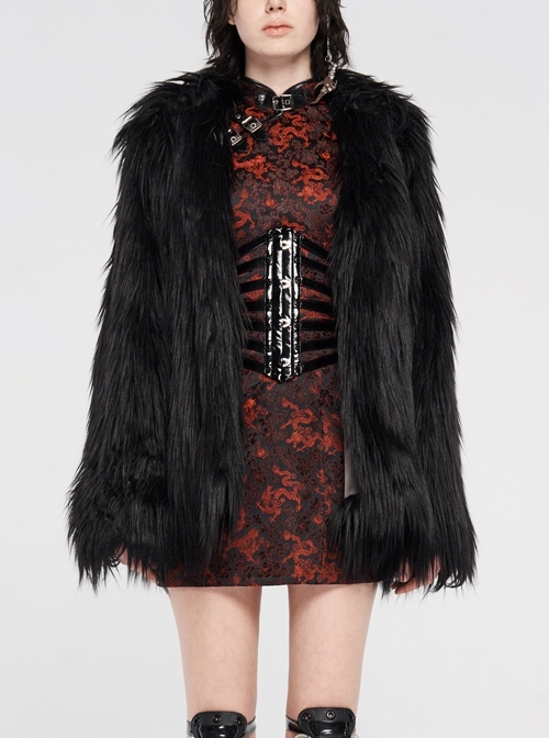 Loose-Fitting Imitation Fur Black Punk Long Sleeve Coat