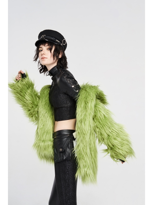 Loose-Fitting Imitation Fur Green Punk Long Sleeve Coat