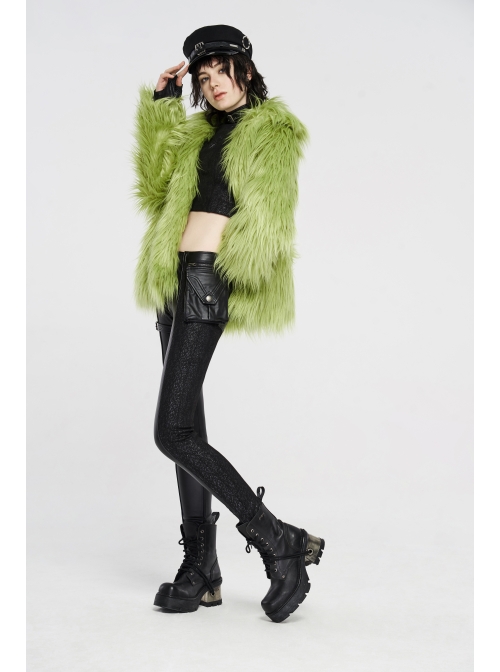 Loose-Fitting Imitation Fur Green Punk Long Sleeve Coat