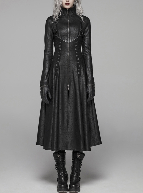 High Collar Front Zipper Metal Ring Woven Strap Back Waist Lace-Up Slit Hem Black Punk Crack Knitted Long Coat