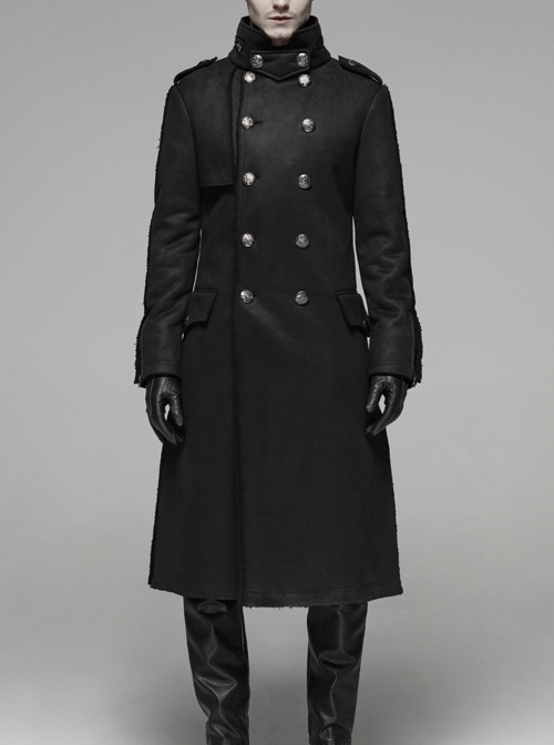 Stand-Up Collar Front Metal Retro Button Metal D-Buckle Long Sleeve Black Punk Coat