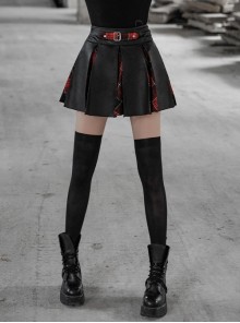 Steam Punk Female High Waist Red Lattice PU Leather Stitching Skirt