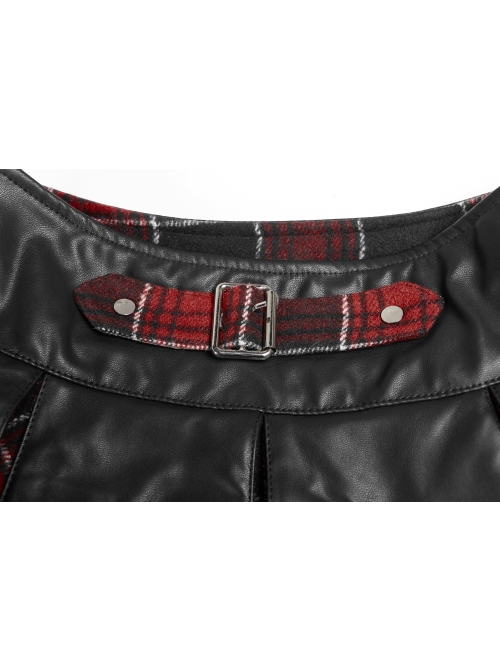 Steam Punk Female High Waist Red Lattice PU Leather Stitching Skirt