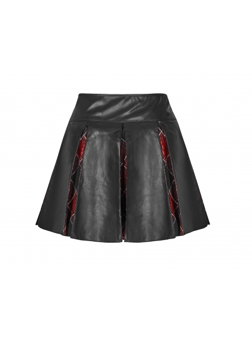 Steam Punk Female High Waist Red Lattice PU Leather Stitching Skirt