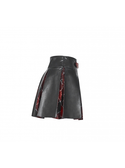 Steam Punk Female High Waist Red Lattice PU Leather Stitching Skirt