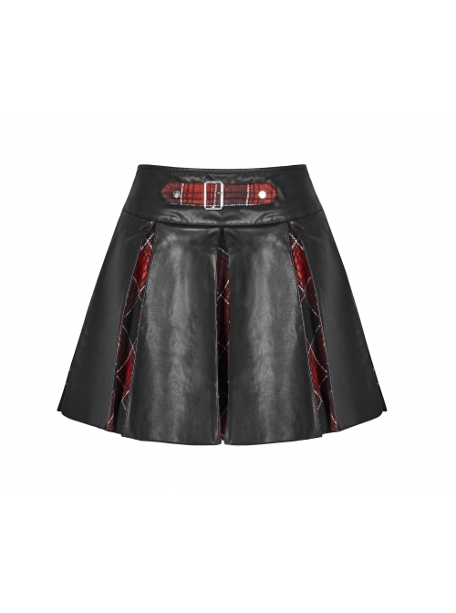 Steam Punk Female High Waist Red Lattice PU Leather Stitching Skirt