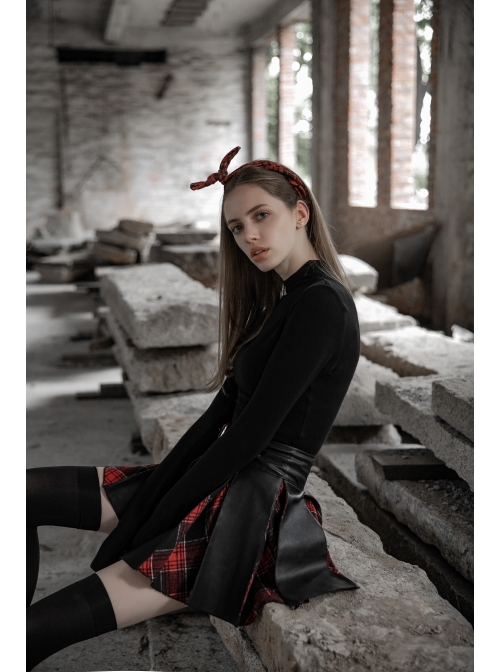 Steam Punk Female High Waist Red Lattice PU Leather Stitching Skirt