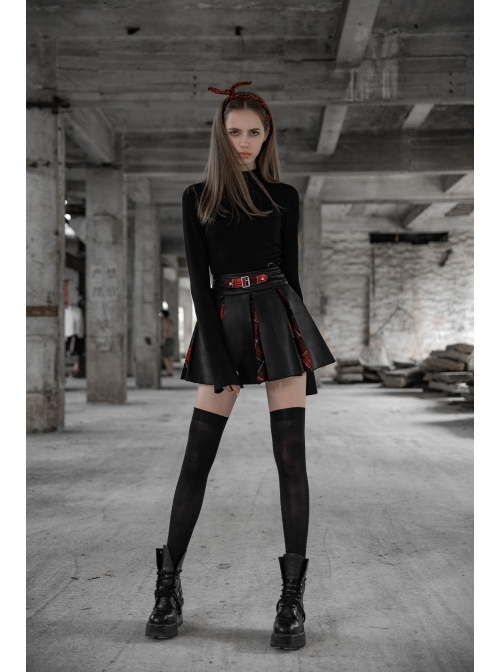 Steam Punk Female High Waist Red Lattice PU Leather Stitching Skirt