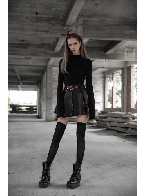 Steam Punk Female High Waist Red Lattice PU Leather Stitching Skirt