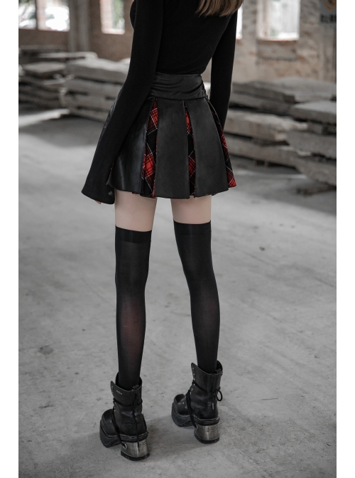 Steam Punk Female High Waist Red Lattice PU Leather Stitching Skirt