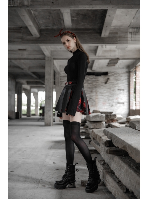 Steam Punk Female High Waist Red Lattice PU Leather Stitching Skirt