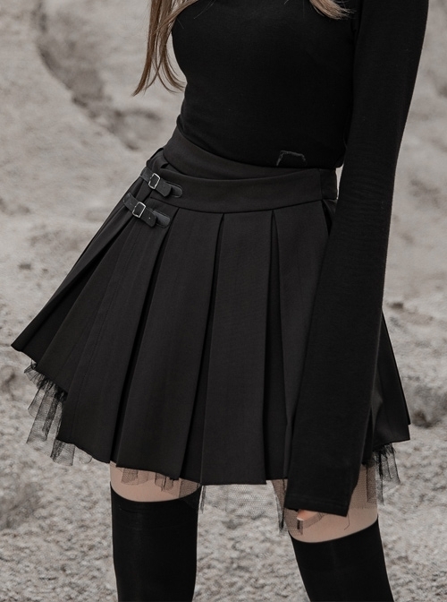 Steam Punk Female Black PU Leather Buckle Irregular Hem Pleated Skirt