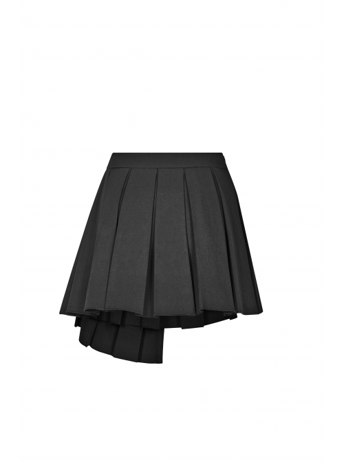 Steam Punk Female Black PU Leather Buckle Irregular Hem Pleated Skirt