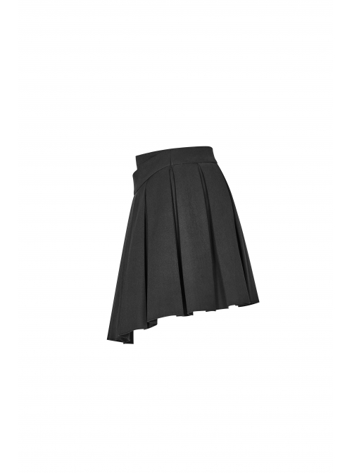 Steam Punk Female Black PU Leather Buckle Irregular Hem Pleated Skirt
