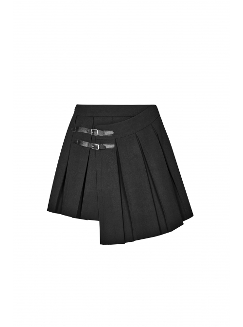 Steam Punk Female Black PU Leather Buckle Irregular Hem Pleated Skirt