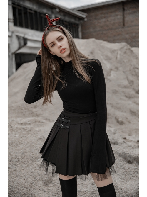 Steam Punk Female Black PU Leather Buckle Irregular Hem Pleated Skirt